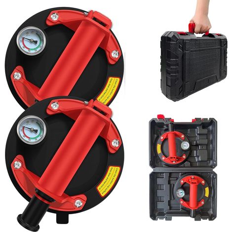 200mm avec Manomètre - Capacité jusque 2Ventouse Vitre Professionnelles, Outil Puissant pour Carreaux, Pare-brise, Meuble, Déménagement- Kit & Malette incluse (1/5)