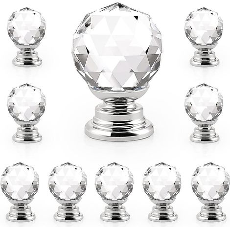 Bouton de meuble de cuisine rond en verre transparent, 10 x 20 mm, en forme de diamant, avec poignée de tiroir en cristal. (1/5)