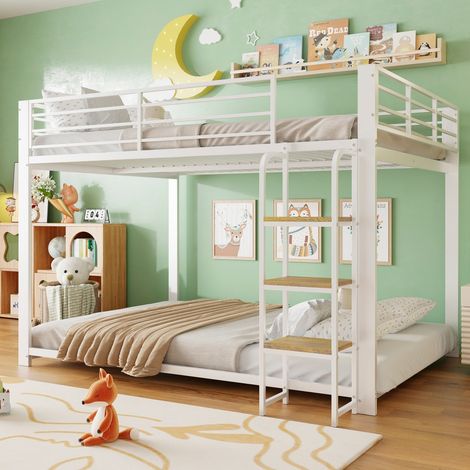 Lit Superposé 140x200cm - Lit Enfant en Métal Silencieux avec Échelle Marches en Bois et Anti-Bruit – Structure Robuste 180kg – Blanc (1/5)