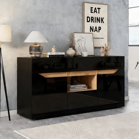 Buffet de salon 140 x 40 x 70 cm, buffet avec 4 tiroirs, meuble à deux compartiments, large commode sans poignées, polyvalent, meuble d’appoint de canapé brillant avec éclairage LED, noir + couleur bo