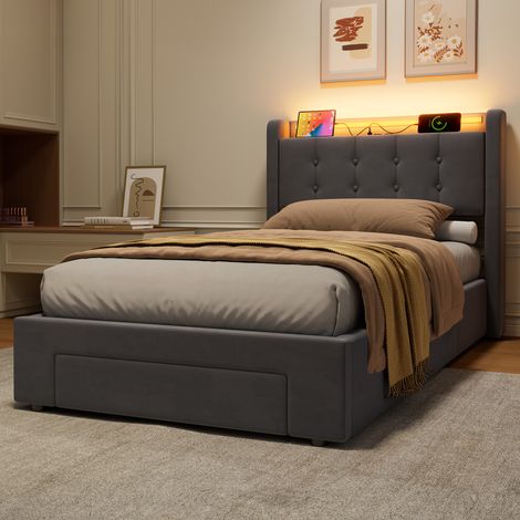 Letto 90x190 cm Imbottito con LED, 2 Grandi Cassetti, Porte USB, Meccanismo Idraulico, Velluto Durevole - Design Moderno e Funzionale (1/5)