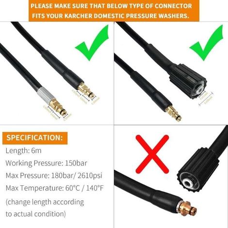 Kit de nettoyage tuyau haute pression 6M pour Karcher K2 K3 K4 K5 K6 K7 – Tuyau durable en caoutchouc – Pression max 160 bars (1/4)