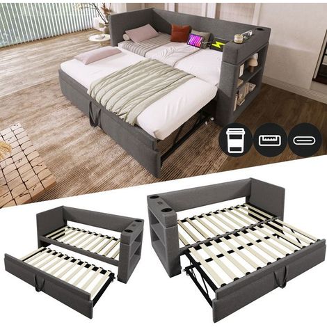 lit gigogne 90x190, couchage confortable banquette lit, ports USB et Type-C, accoudoirs pratiques, gain d'espace, revêtement lin (1/5)