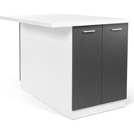 Idmarket – Îlot central de cuisine 120 cm blanc et gris – Plan de travail épaisseur 3 cm – Rangement avec 2 portes – Dimensions L. 120 x l. 80 x H. 90 cm (1/5)