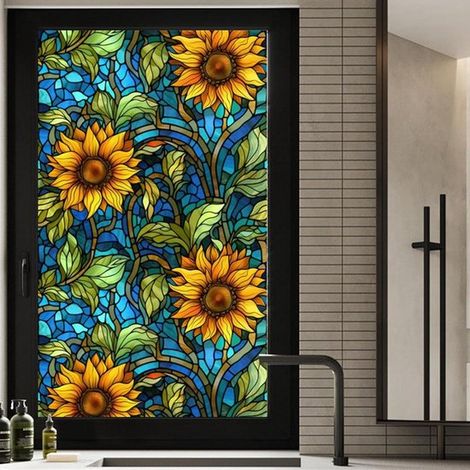 Lámina para ventanas con diseño de girasoles，Lámina para privacidad en cristales，Decoración y privacidad，45 x 100 cm (1/5)