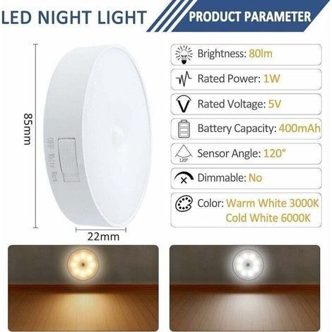 LED-Nachtlicht für den Innenbereich mit Bewegungsmelder, USB-aufladbar, 1 W, automatische Beleuchtung, 3 Modi, 3er-Pack (1/3)