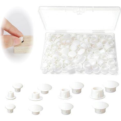 Lot de 120 Capuchons pour Trous de perçage, Cache-vis Plastiques avec boîte, Bouchons Blancs 5/6/8/10 mm, Cache-Trou Meuble, obturateurs pour armoires, étagères, Panneaux et vis Apparentes (1/5)