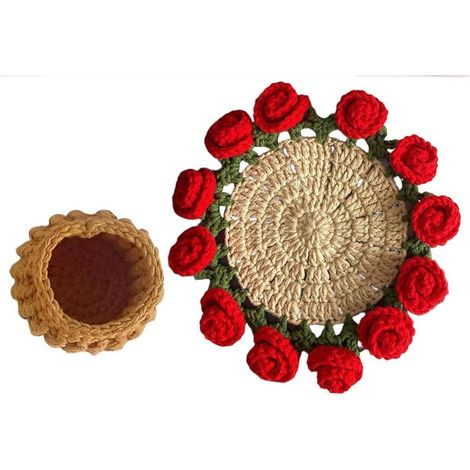 Tapis Isolant Thermique Au Crochet - Décor De Bureau En Laine - Rose Fait Main - Kit De Tricotage DIY - 1 Pièce