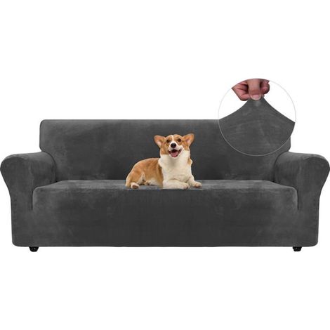 1 Housse de canapé, Velours extensible, Protection animaux, Antidérapant, Salon 3 places (1/5)