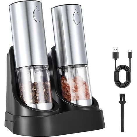Ensemble moulin à sel et à poivre électrique - Moulin à sel/poivre automatique rechargeable avec base de chargement et lumière LED (1/5)