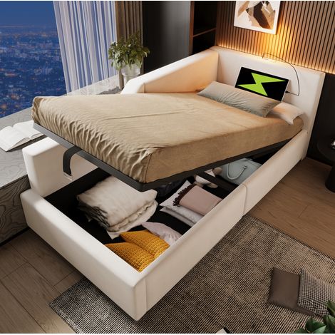 struttura letto 90x200 contenitore USB C lampada beige OKMYHOME (1/5)