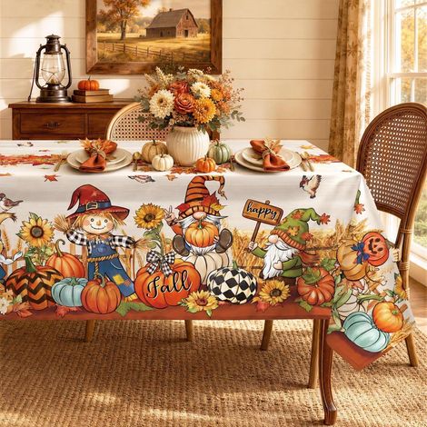 Tischdecke Herbst Wichtel Kürbis 140x180 cm waschbar rechteckig für Esszimmer