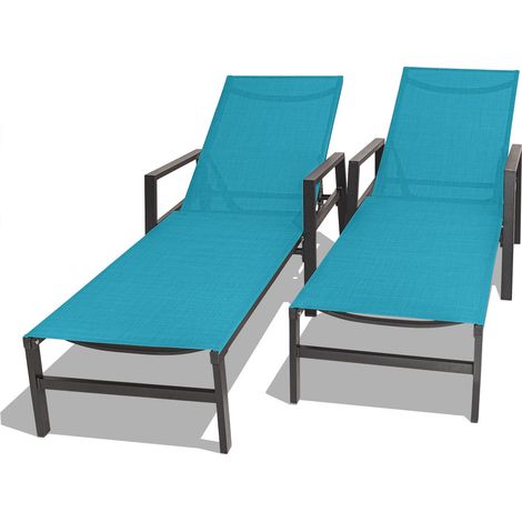 Tigri - Set di 2 lettini da giardino in alluminio e textilene. Lettini prendisole di design con braccioli e schienale regolabile in 5 posizioni turchese (1/5)