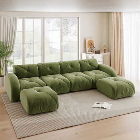 Sofá modular 4 plazas con 2 pufs chenilla verde OKMYHOME (1/5)