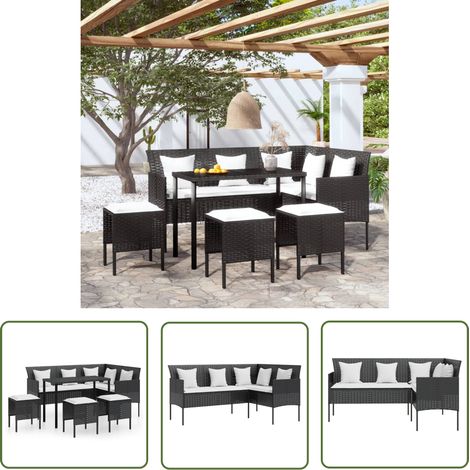 The Living Store 5-tlg. Sofagarnitur in L-Form mit Kissen Poly Rattan Schwarz - Outdoor Möbel - Gartenlounge - Sofa Garnitur - Rattan Gartenmöbel - Esstisch (1/5)