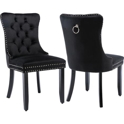 Samt Esszimmerstühle 2er Set mit hoher Rückenlehne, Nieten und Massivholzbeinen, Schwarz (1/5)