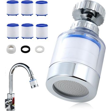 Filtres De Montage Pour Robinet, Filtre À Eau Rotatif À 360 Degrés, Robinet De Filtration D'Eau Au Carbone Pour Éliminer Le Chlore 6 Cartouches Filt (1/5)