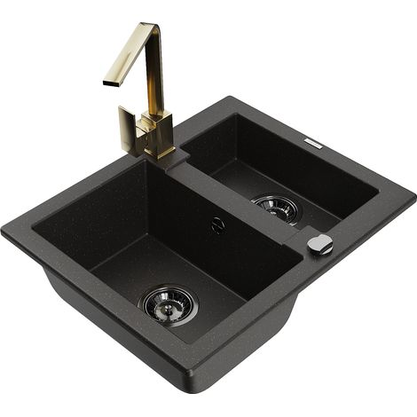 Mexen Carlos 1,5-kammer Spülbecken aus Granit mit Küchenarmatur Rita, schwarz/gold metallic - 6518-75-670300-50-B (1/5)