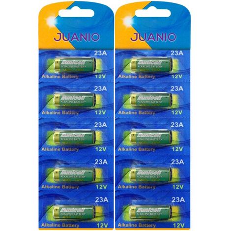 Lot de 10 Piles Alcaline type 23A/A23 compatibles LRV08/L1028/RVO8/MS21/MN21/E23A/K23A/V23GA/GP23A 12V - Juanio - (1/2)