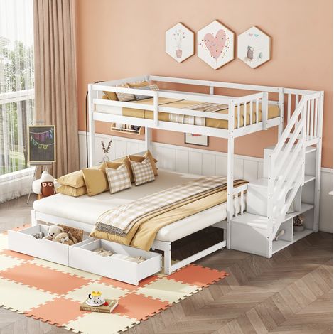 Litera 90 x 200 cm con cama nido, escalera de almacenaje y 2 cajones, blanco DESVIAE (1/5)