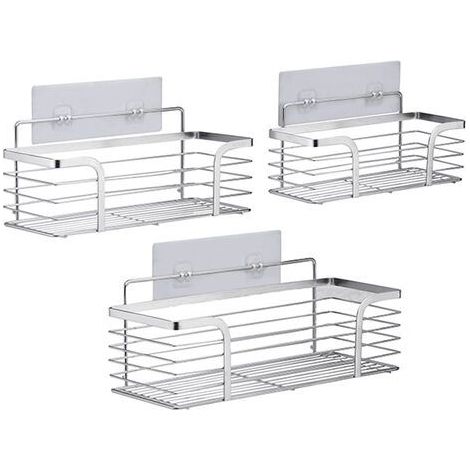 3 étagères de douche sans perçage, acier inoxydable 304, adhésif renforcé, drainage ouvert, pour carrelage/marbre/verre/métal/bois (1/5)