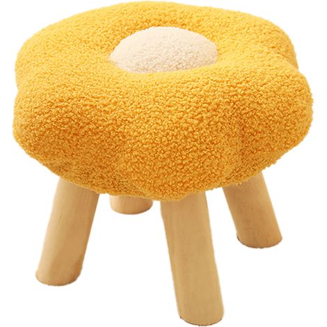 Petit repose-pieds jaune en velours doux et peluche, motif tournesol mignon, en bois haute résilience, idéal pour la chambre, le salon ou le canapé. (1/5)