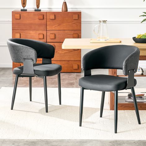 Chaises de salle à manger lot de 2, fauteuil de table rétro vintage pour cuisine et salon, en simili-cuir et tissu avec pieds en métal stables, Noir (1/5)