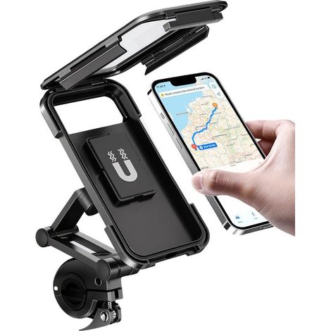 Supporto per cellulare impermeabile per bicicletta - Testa a sfera da 2,5 cm - Doppio braccio - Accessorio per bicicletta - Rotazione a 720° - Compatibile con telefoni da 5,5 a 6,8 pollici - Nero (1/4)