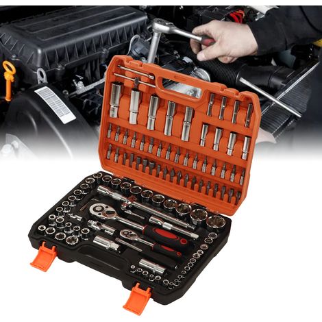 Coffret d'outils de 108 pièces, jeu de douilles à impact 1/4" et 1/2", SAE et métriques, douilles profondes et peu profondes avec cliquet, barre coulissante multifonction, clé hexagonale, kit d'embout (1/5)