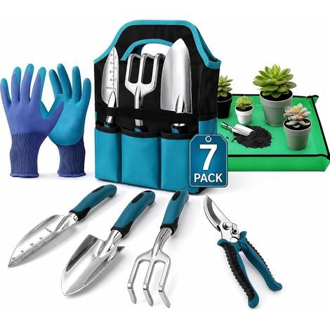 Kit Jardin Adulte 7 Pièces Outils Jardinage en Aluminium Ergonomiques Anti-Rouille avec Sac, Outil Jardinage à Poignée Antidérapante pour Hommes et Femmes