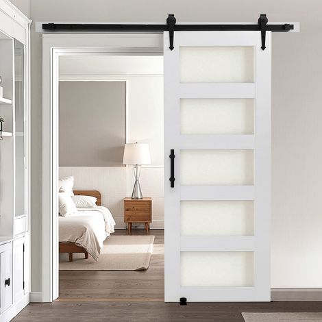 Porte de grange coulissante, 762 x 2134 mm, en panneau MDF et verre, kit de porte coulissante avec kit de quincaillerie, surface en PVC imperméable, facile à installer, cadre en H, pour salon (1/5)