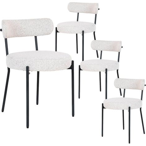 LOANA - Lot de 4 Chaises Tissu Bouclé Blanc Chiné Dossier et Pieds Métal Noir (1/5)