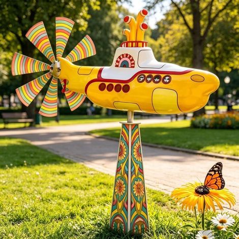 Moulin à vent à pales rotatives, sculpture éolienne cinétique jaune, pour jardin, pelouse, parterre de fleurs ou balcon (1/5)