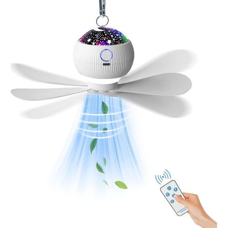 Ventilateur-lampe de plafond avec projection ciel étoilé – ventilateur LED portable pour tente – télécommande incluse – batterie 3000 mAh – utilisable en suspension (1/5)