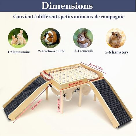 Maison Cochon d'Inde, 2 Hamacs pour Lapin Nain Hamster Petits Animaux Cabane Lapin en Bois avec 2 Rampes , Accessoire de Cage Intérieur, Cachette et Jouet pour Rongeurs, Gerbille, Rat, 40x30x25cm (1/2)