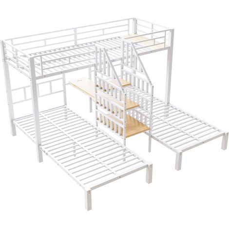 Lit superposé 3 places avec bureau et escalier de rangement, cadre en métal, lit superposé 90x200 cm blanc avec LED et USB. (1/5)