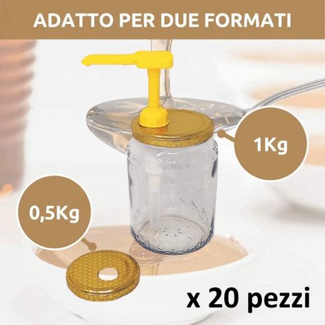 20 PZ ApiCor Kit Dispenser Dosatore Per Miele 2 Capsule Adattabili Per Vaso Miele 1 Kg. E 1/2 Kg. Tappi Alveare (1/2)