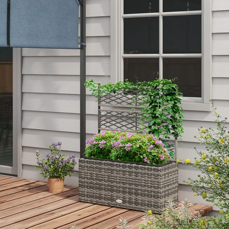 Fioriera con Grigliato per Rampicanti con 3 Vasi in Acciaio e Rattan PE, 84x30x107cm, Grigio