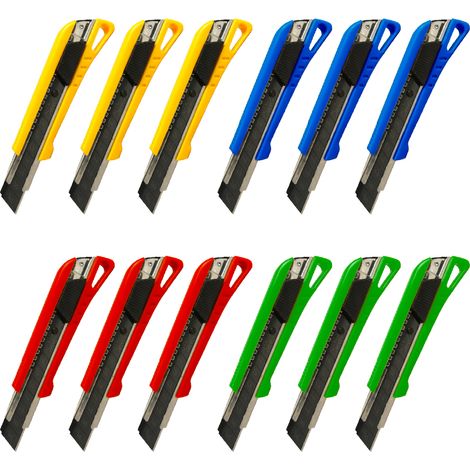 KELI - Lot de 12 Cutters 4 Couleurs Pro 18mm avec 2 lames supplémentaires par cutter Black Blade SK2 (Durée de vie 3 fois supérieure) (1/4)