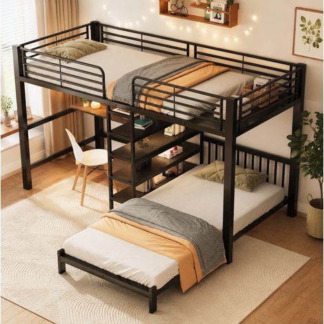 Hochbett 90x200 cm aus Metall und MDF, schwarz, mit Schreibtisch und Stauraum – MEUBLIV (1/5)
