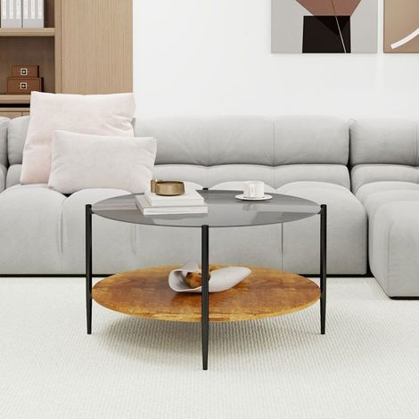 Table basse - WESTYLE - 82x45 cm - Plateau verre noir fumé - Étage inférieur bois - Structure acier noir (1/5)