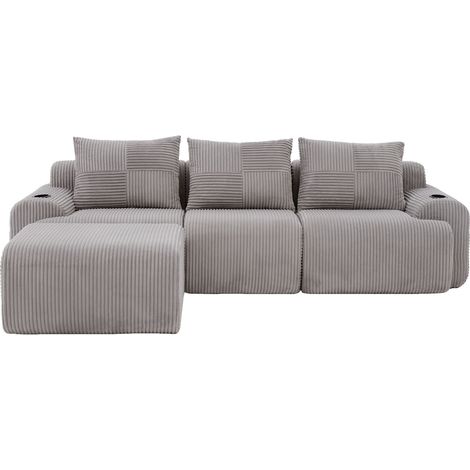 ELVMI Sofá Modular 3 Plazas con Portavasos y Bolsillo Lateral, en Pana, Gris Claro (1/5)