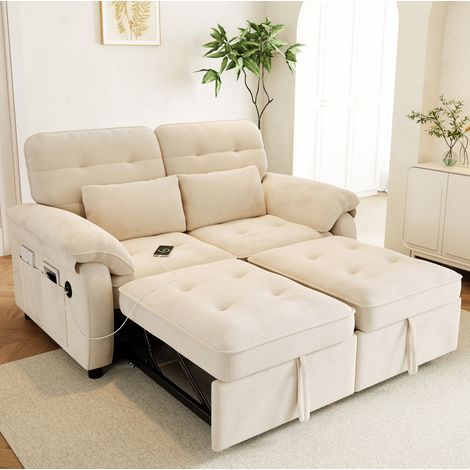Sofá cama 3 en 1 de 2 plazas con USB y USB-C, respaldo ajustable, beige DESVIAE (1/5)