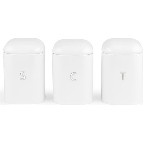 Salter Boston Set di 3 contenitori - Lattine per tè, caffè e zucchero, finitura bianco ghiaccio brillante con scritte in rilievo, acciaio resistente, freschezza duratura, alimenti da cucina (1/5)