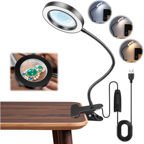 Lampe Loupe 10X avec Pince et Câble USB, 5 Couleur 10 Luminosité, Loupe Lampe Pince à Led avec Bras Réglable pour Soudure Petit Bricolage Couture Creation de Bijoux Lecture, Noire [Classe énergétique (1/5)