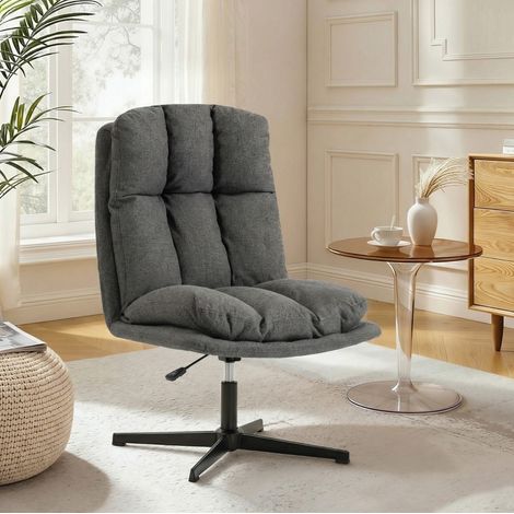 Sillón giratorio 65x62x92-102 cm gris oscuro metal y tejido efecto lino con altura regulable (1/3)