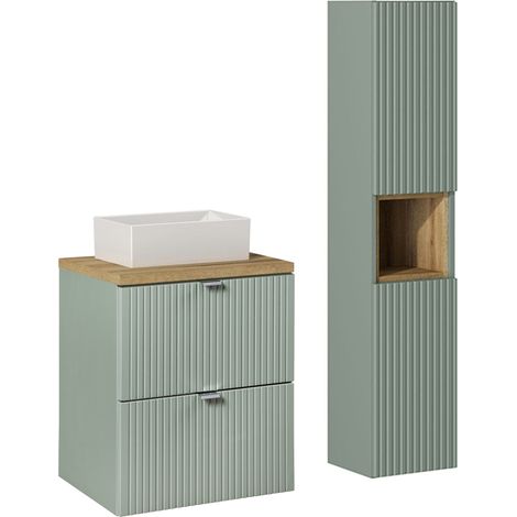 Ensemble meuble simple vasque 50cm 2 tiroirs et colonne Jade Vert et Bois (1/5)