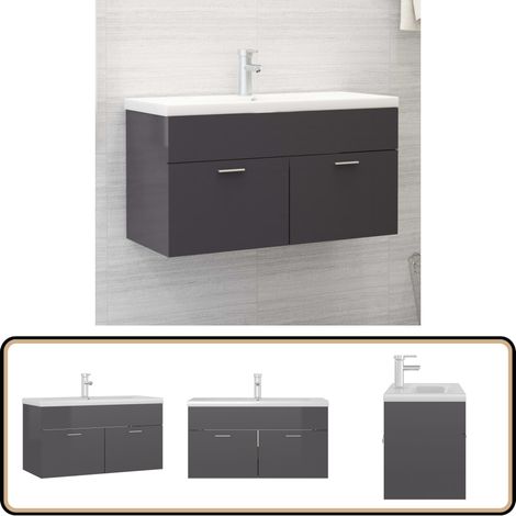 Waschbeckenunterschrank mit Einbaubecken Hochglanz-Grau - Waschbeckenunterschrank - Holzwerkstoff - Küchenmöbel - Badezimmermöbel - Grau