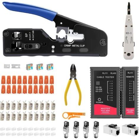 Kit d'outils réseau, pince à sertir Pass Through RJ45 pour Cat7, Cat6, Cat5 avec 4 fiches réseau Cat7 sans outil, testeur réseau, 10 connecteurs RJ45, outil de pose LSA, outils de réparation (1/5)