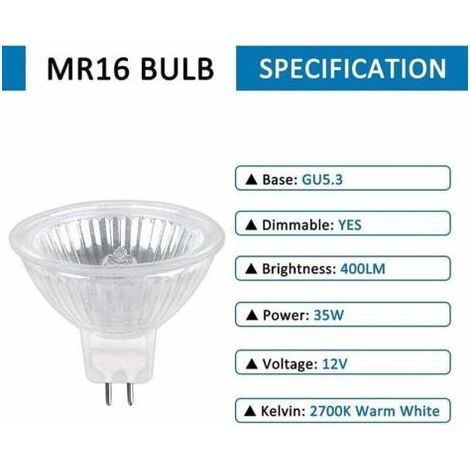 Aunrtb Ampoule Halogene GU5.3 35W 12V, 400lm Blanc Chaud 2700K Dimmable, Ampoule Spot Halogène MR16, pack de 6 (1/5)